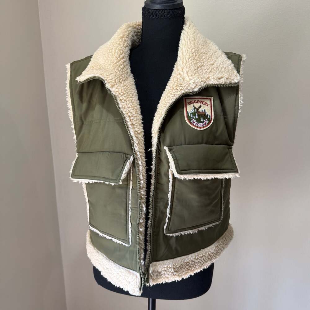 Elodie Olive Green Puff Sherpa Vest with Discovery Deer Patch